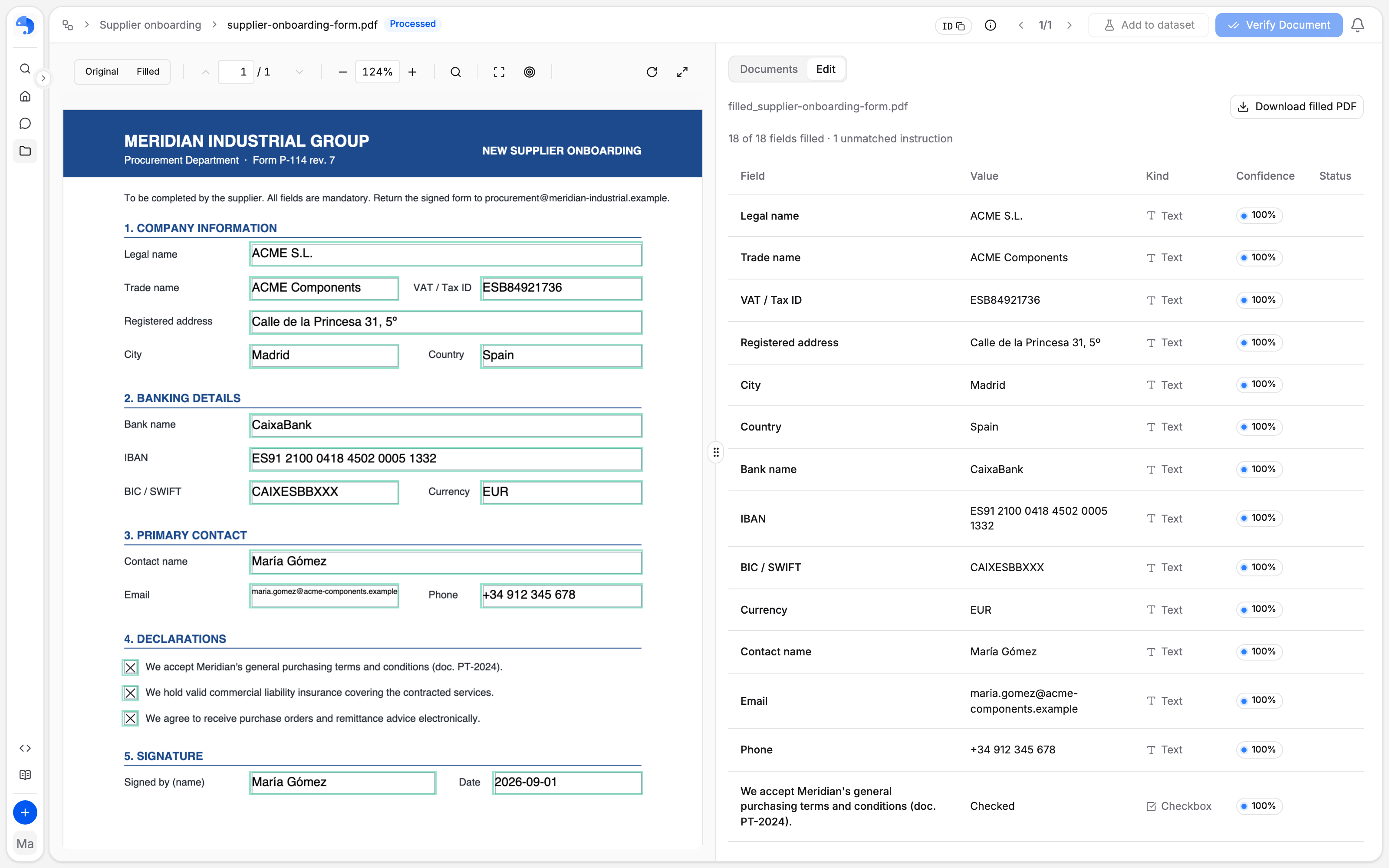A run result: the detected fields with confidence scores, next to the completed PDF
